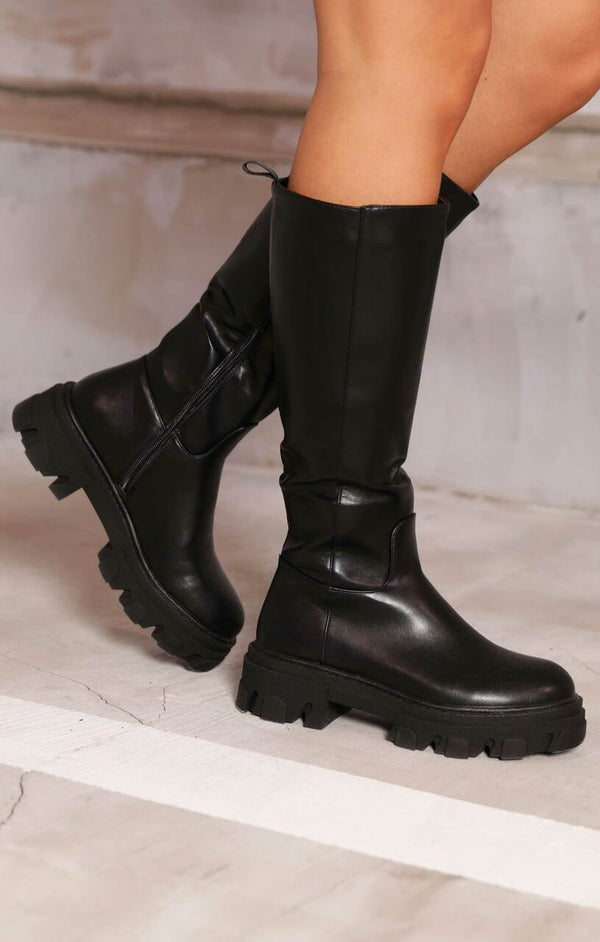 femme luxe Black PU Faux Leather Chunky Platform Zip Up Knee High Biker Boots - Vada