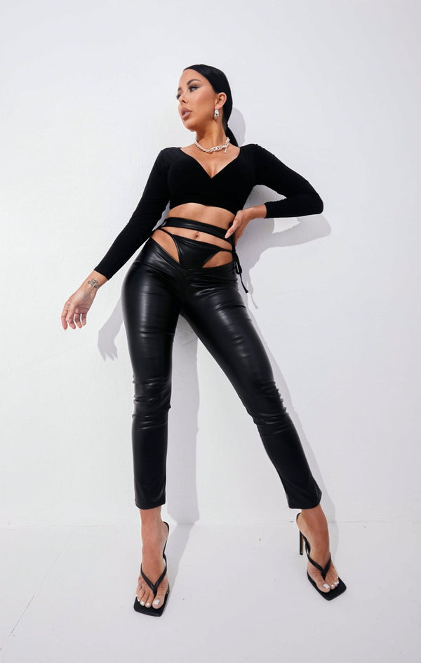 femme luxe Black PU Faux Leather High Waisted Cut Out Tie Detail Trousers - Etta