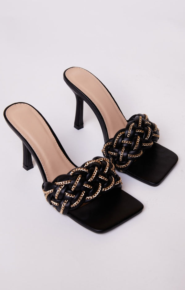 Femme Luxe Black PU Faux Leather Woven Chain Detail Square Toe Heeled Mules - Diana