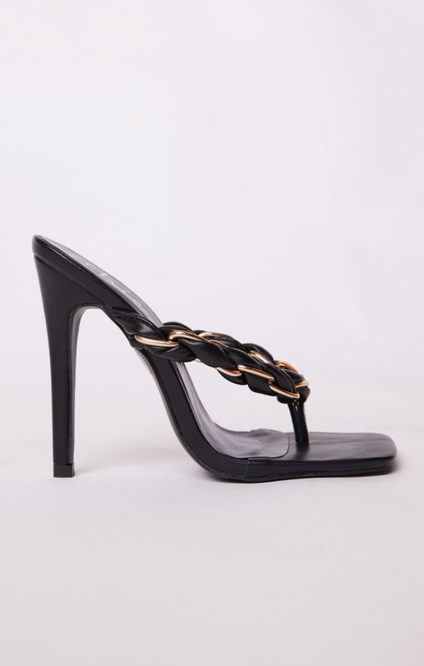 Femme Luxe Black PU Faux Leather Woven Chain Detail Thong Heeled Sandals - Dakota
