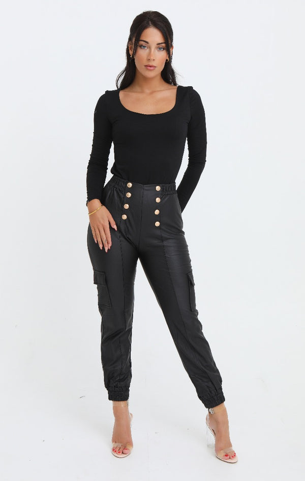 Femme Luxe Black PU High Waisted Cargo Fit Gold Button Detailing Jogger - Camila