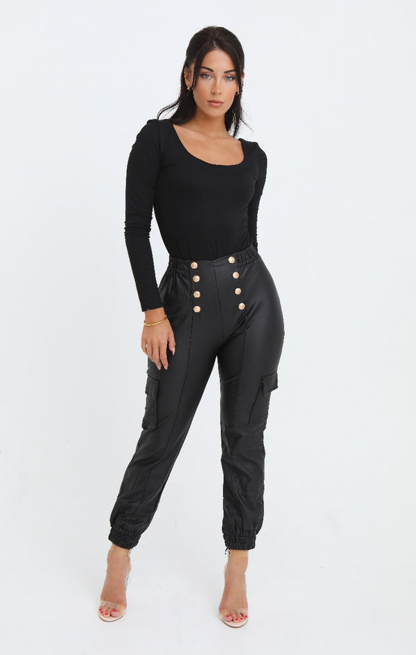 Femme Luxe Black PU High Waisted Cargo Fit Gold Button Detailing Jogger - Camila