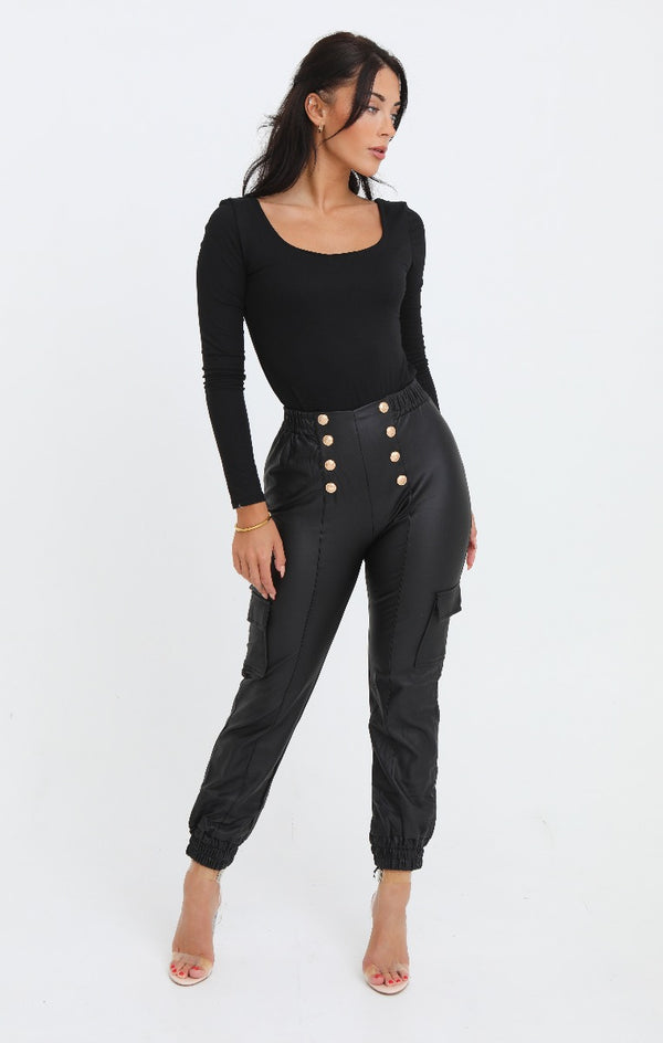 Femme Luxe Black PU High Waisted Cargo Fit Gold Button Detailing Jogger - Camila