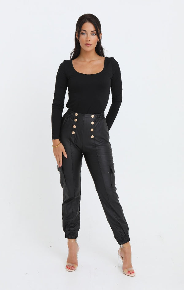 femme luxe Black PU High Waisted Cargo Fit Gold Button Detailing Jogger - Camila