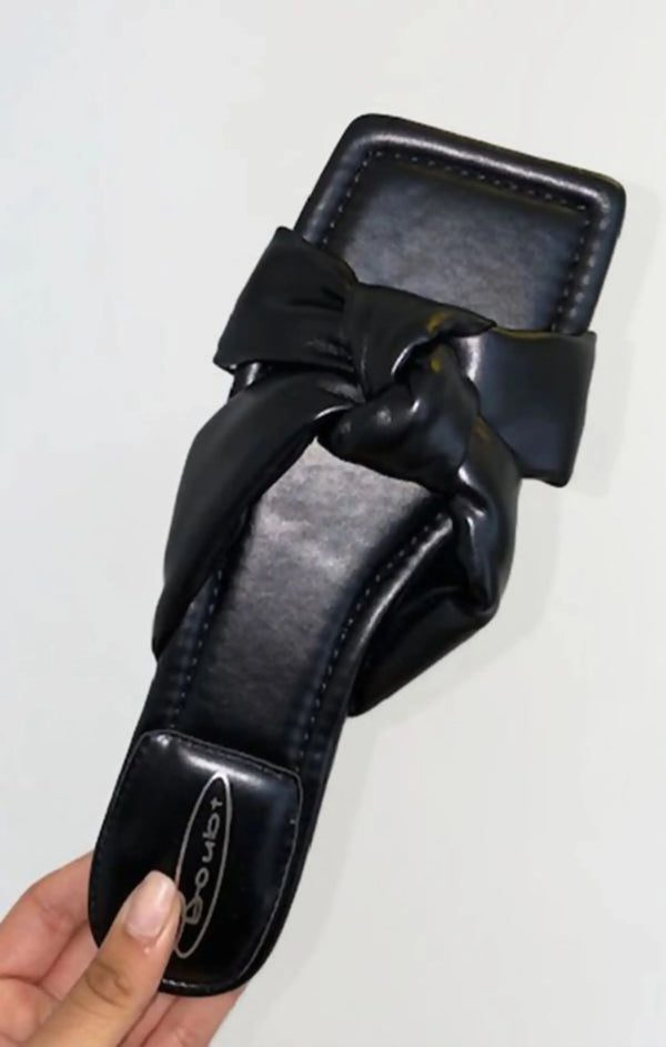 Femme Luxe Black PU Knot Front Slider Sandals - Farrah
