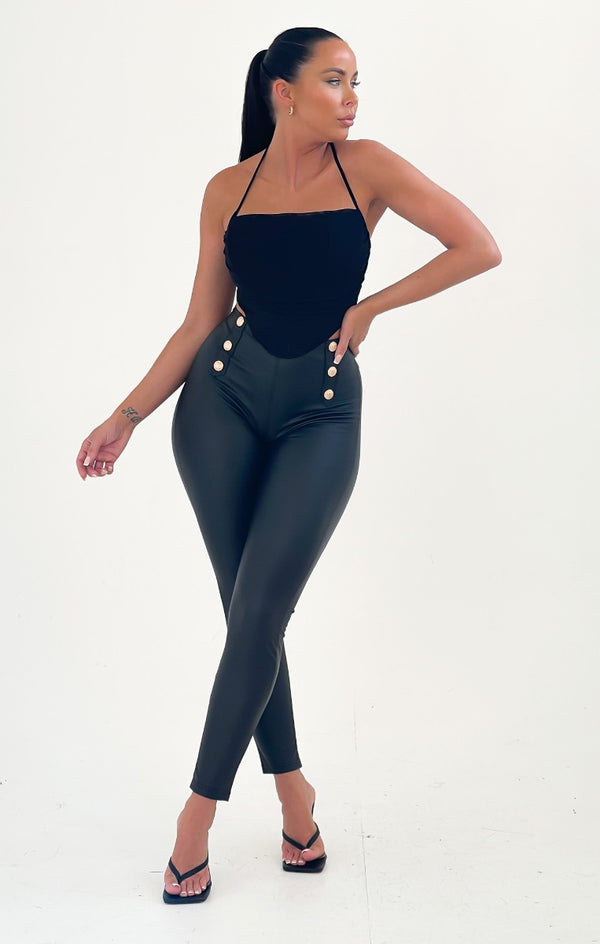 Femme Luxe Black PU Leather High Waisted Double Button Leggings - Geo