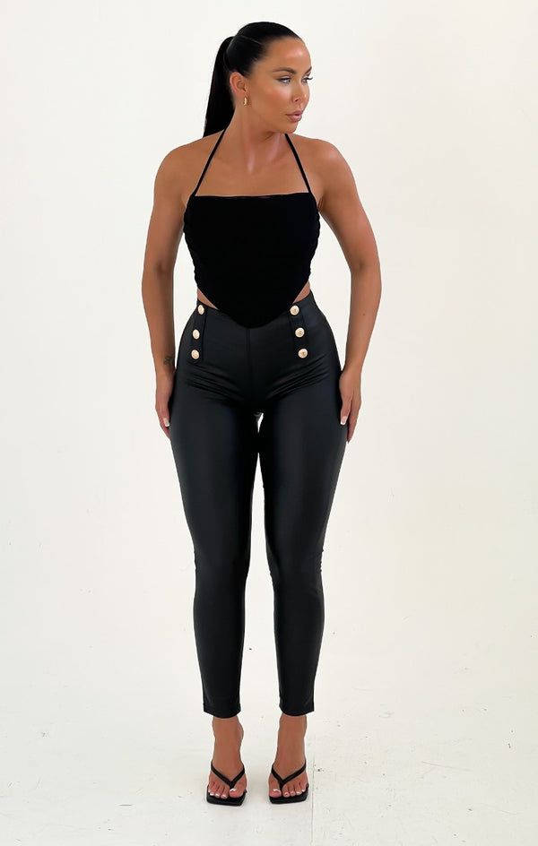 femme luxe Black PU Leather High Waisted Double Button Leggings - Geo