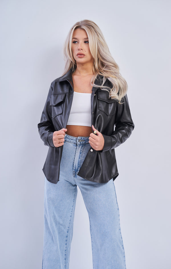 Femme Luxe Black Pu Long Sleeve Button Up Pocket Detail Shirt - Luna