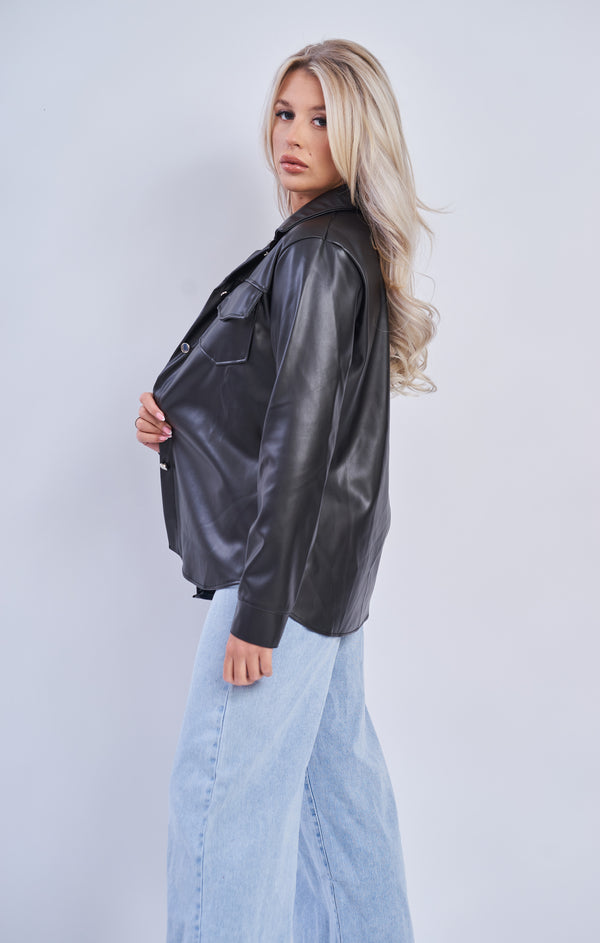 Femme Luxe Black Pu Long Sleeve Button Up Pocket Detail Shirt - Luna