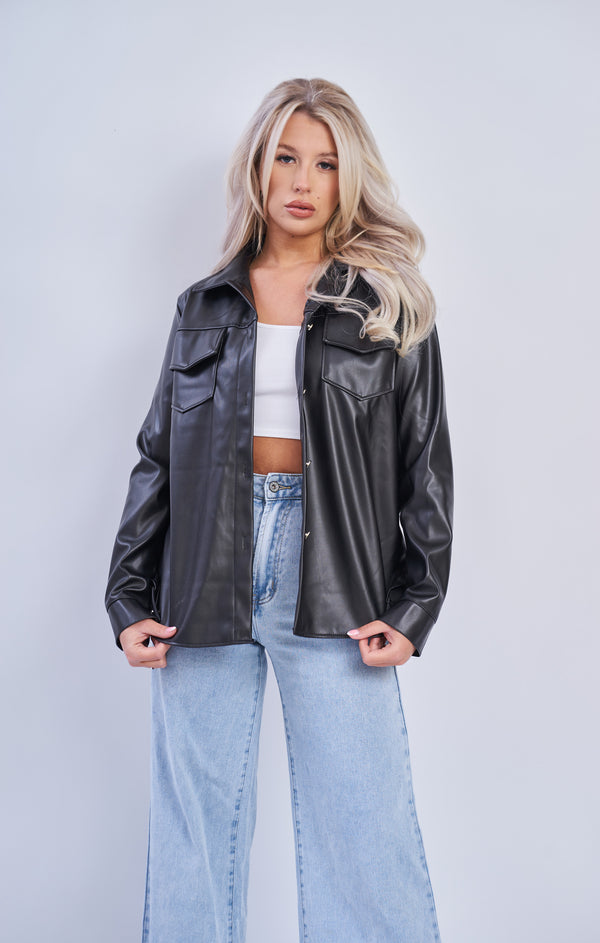 femme luxe Black Pu Long Sleeve Button Up Pocket Detail Shirt - Luna