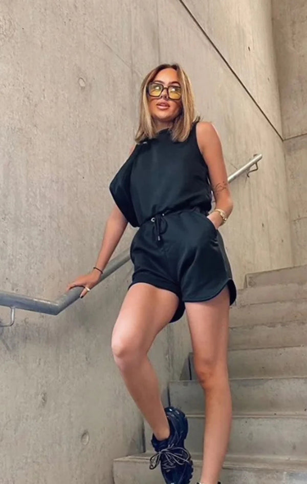 Femme Luxe Black Racer Back Drawstring Playsuit - Lysara