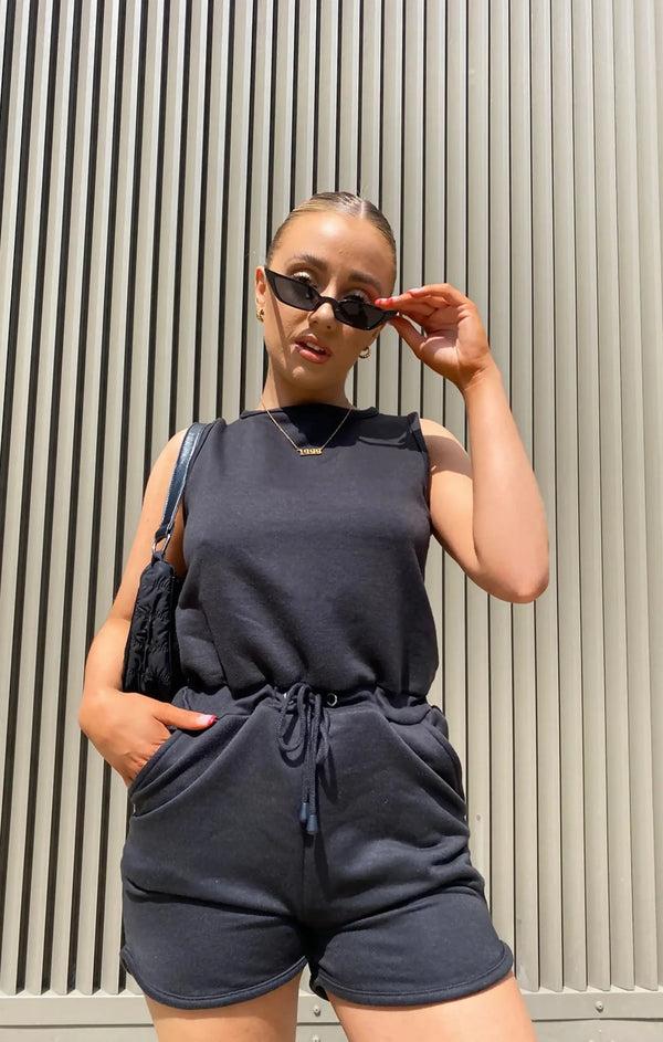 femme luxe Black Racer Back Drawstring Playsuit - Lysara