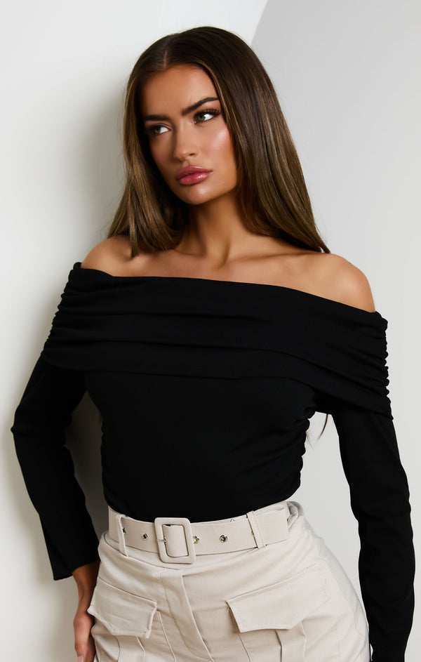 Femme Luxe Black Rib Long Sleeve Bandeau Ruched Detail Top - Stella