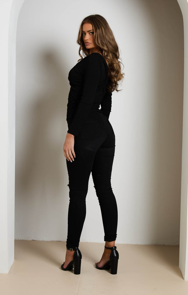 Femme Luxe Black Rib Off The Shoulder V Front V Back Long Sleeve Top - Everly