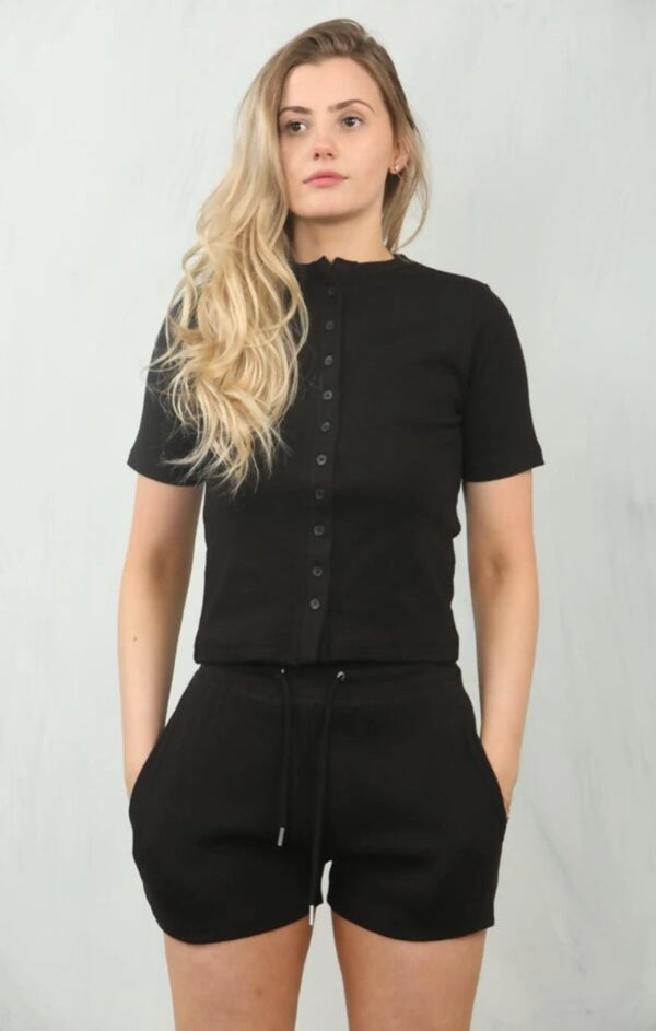 femme luxe Black Ribbed Button Front Crop Top With Drawstring Shorts Set - Sandra