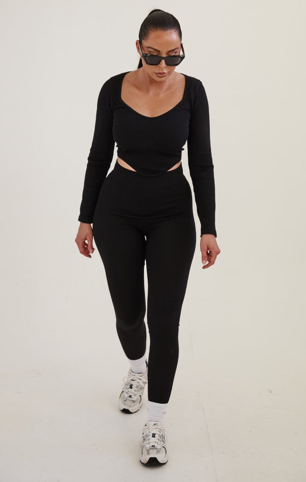 Femme Luxe Black Ribbed Long Sleeve Crop Top And Leggings Activewear Set - Simone