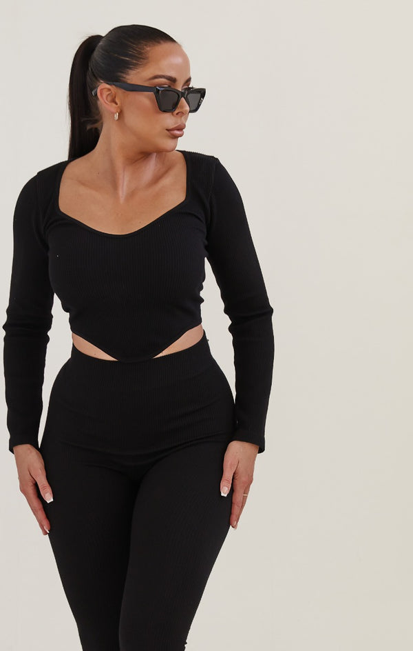 Femme Luxe Black Ribbed Long Sleeve Crop Top And Leggings Activewear Set - Simone