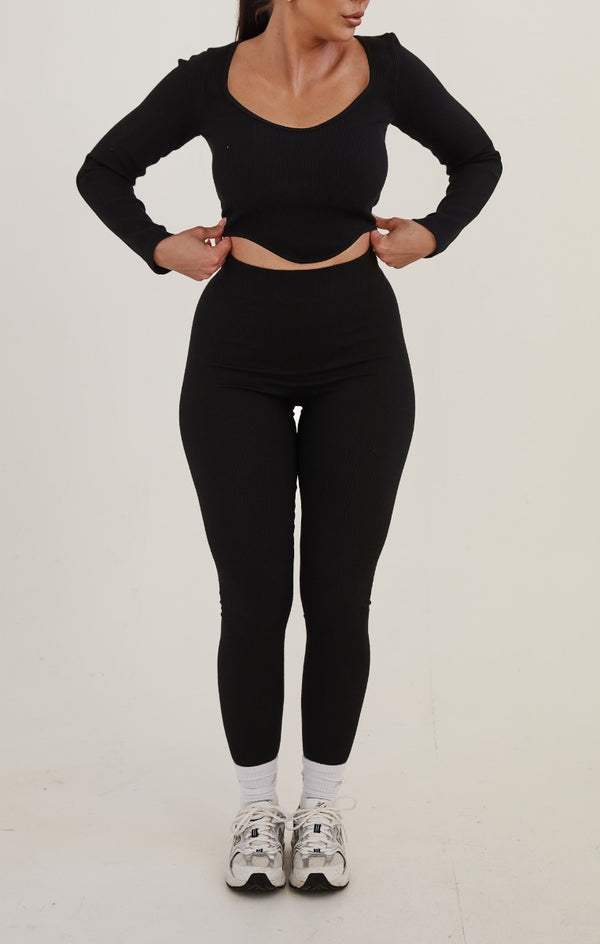 Femme Luxe Black Ribbed Long Sleeve Crop Top And Leggings Activewear Set - Simone