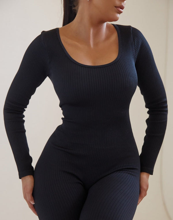 Femme Luxe Black Ribbed Long Sleeve Fitted Jumpsuit - Amara