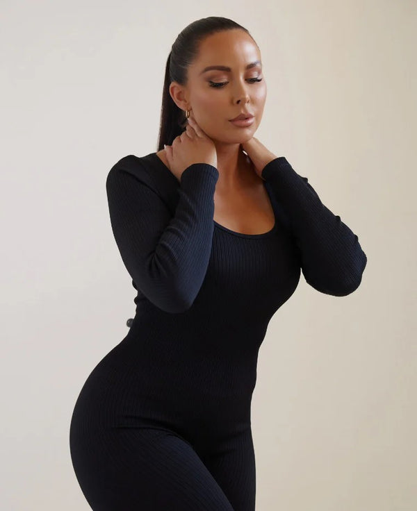 Femme Luxe Black Ribbed Long Sleeve Fitted Jumpsuit - Amara