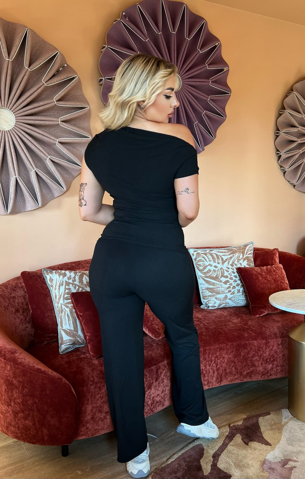 Femme Luxe Black Ribbed Slash Neck Top With Wide Leg Trouser Loungewear Set - Bellina