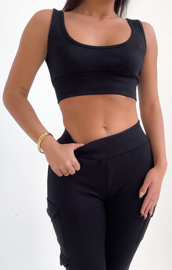 Femme Luxe Black Ribbed Sleeveless Crop Top & Cargo Leggings Two Piece Set - Orla