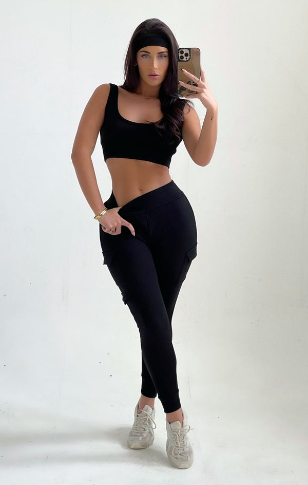 femme luxe Black Ribbed Sleeveless Crop Top & Cargo Leggings Two Piece Set - Orla