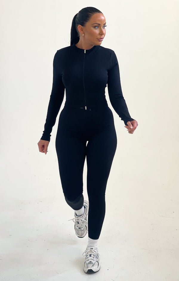 Femme Luxe Black Ribbed Zip Up Long Sleeve Top And Leggings Activewear Set - Itza