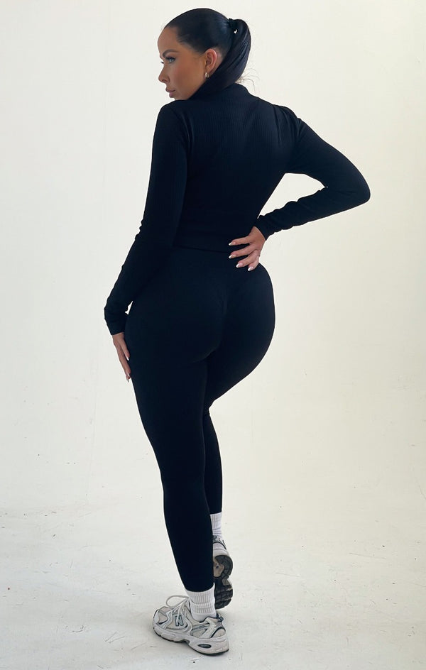 Femme Luxe Black Ribbed Zip Up Long Sleeve Top And Leggings Activewear Set - Itza