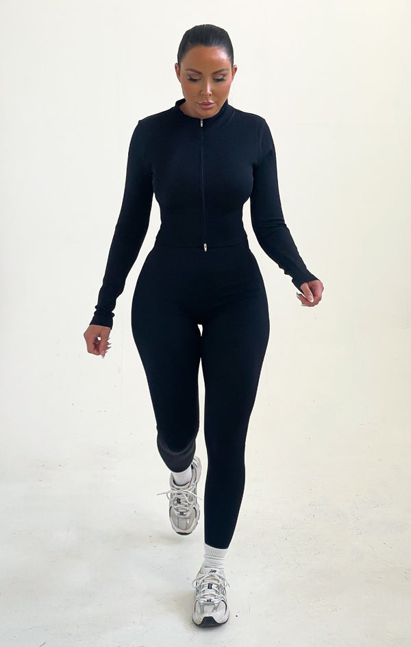 femme luxe Black Ribbed Zip Up Long Sleeve Top And Leggings Activewear Set - Itza