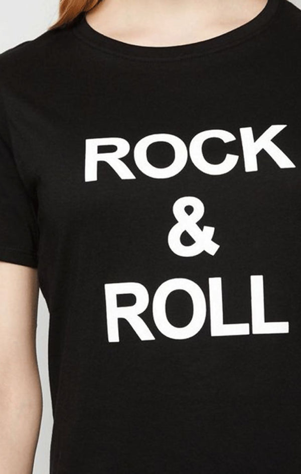 Femme Luxe Black ‘Rock & Roll’ Slogan Print T-Shirt - Carisella