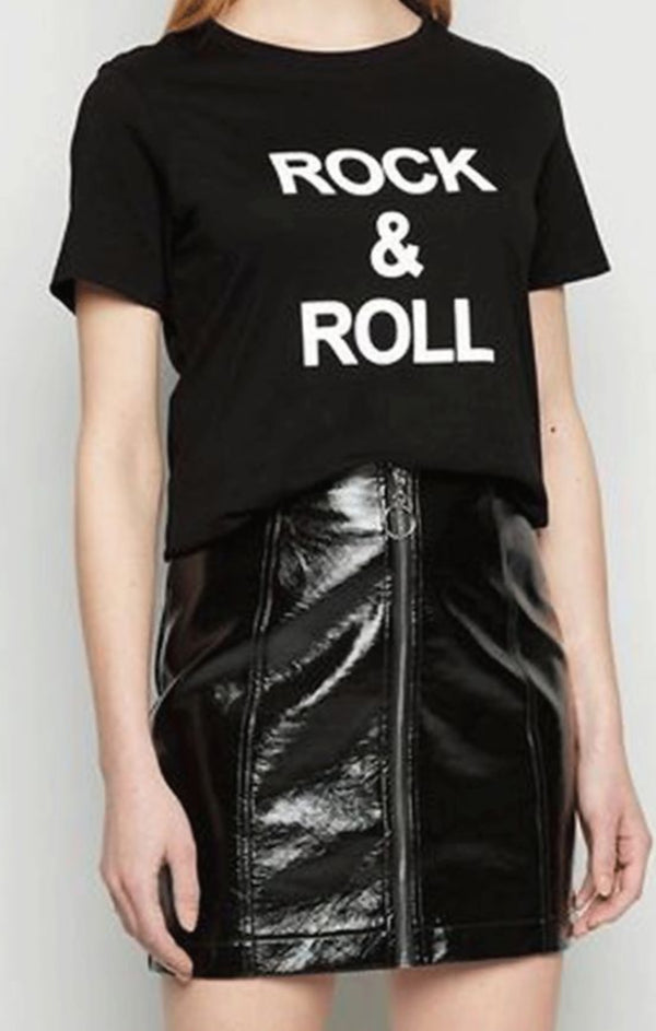 Femme Luxe Black ‘Rock & Roll’ Slogan Print T-Shirt - Carisella