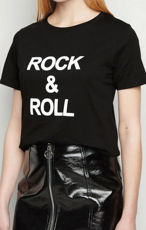 femme luxe Black ‘Rock & Roll’ Slogan Print T-Shirt - Carisella