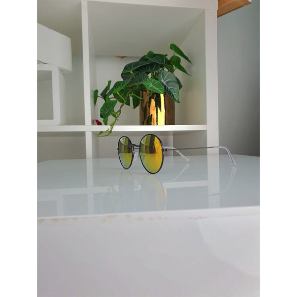 Femme Luxe Black Round Thin Frame Reflective Sunglasses - Serenity