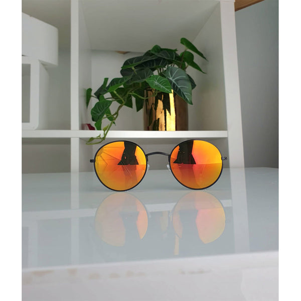 femme luxe Black Round Thin Frame Reflective Sunglasses - Serenity