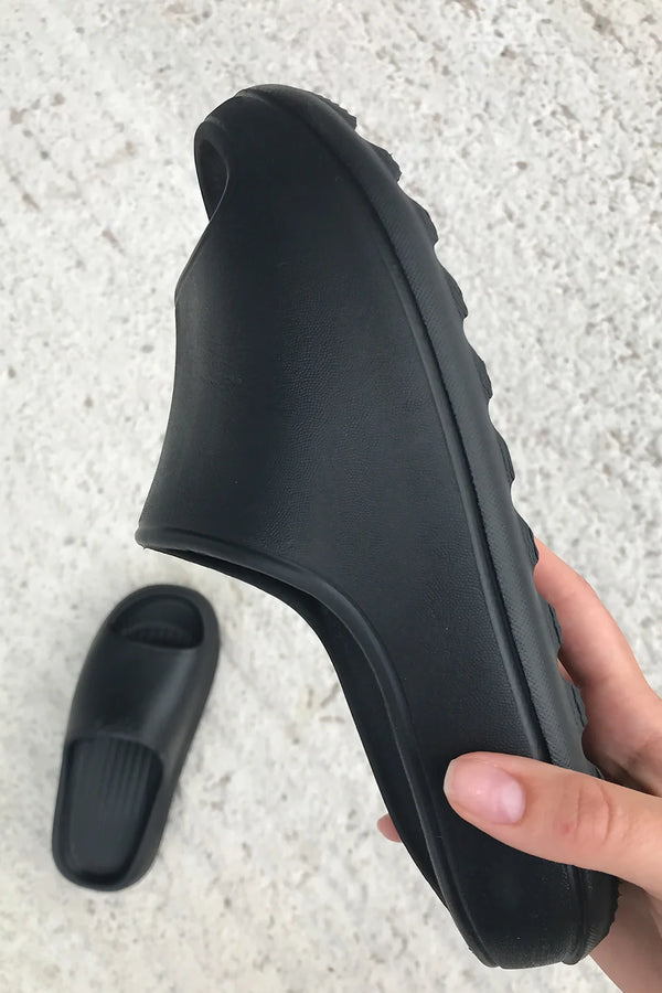 femme luxe Black Rubber Ribbed Flatform Sliders - Nancy