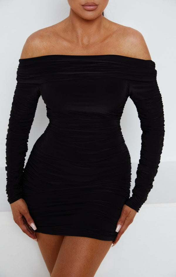 Femme Luxe Black Ruched Bardot Off The Shoulder Long Sleeve Bodycon Mini Dress - Brook