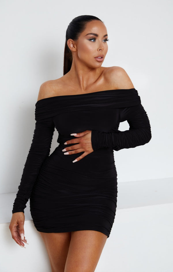 Femme Luxe Black Ruched Bardot Off The Shoulder Long Sleeve Bodycon Mini Dress - Brook