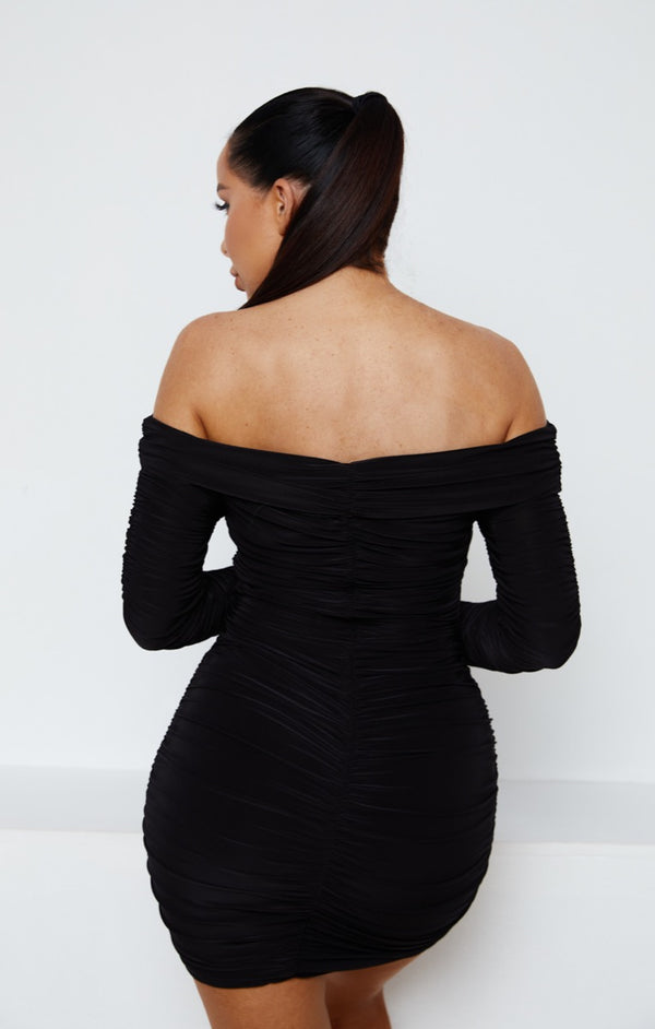 Femme Luxe Black Ruched Bardot Off The Shoulder Long Sleeve Bodycon Mini Dress - Brook