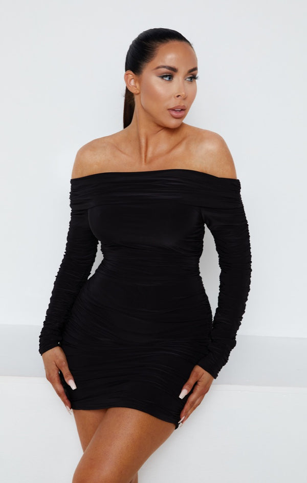 femme luxe Black Ruched Bardot Off The Shoulder Long Sleeve Bodycon Mini Dress - Brook