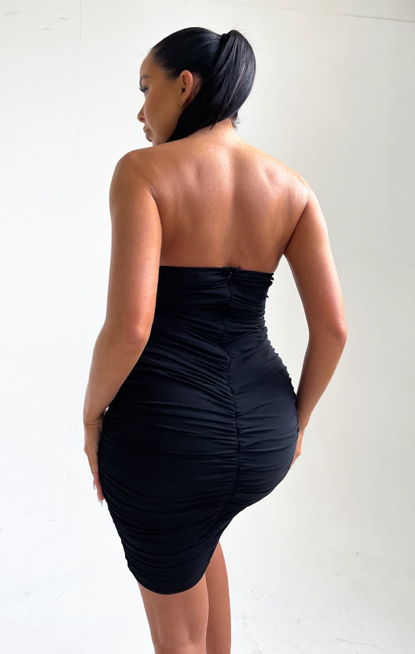 Femme Luxe Black Ruched Mesh Bandeau Bodycon Midi Dress - Eda