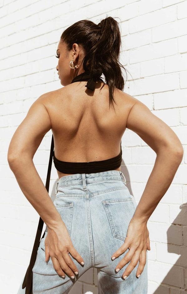 Femme Luxe Black Ruched Plunge Multiway Strappy Crop Top - Holly