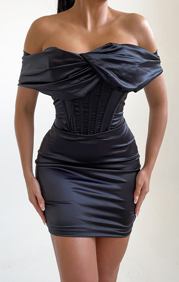 Femme Luxe Black Satin Bardot Off The Shoulder Corset Style Bodycon Mini Dress - Sigrid