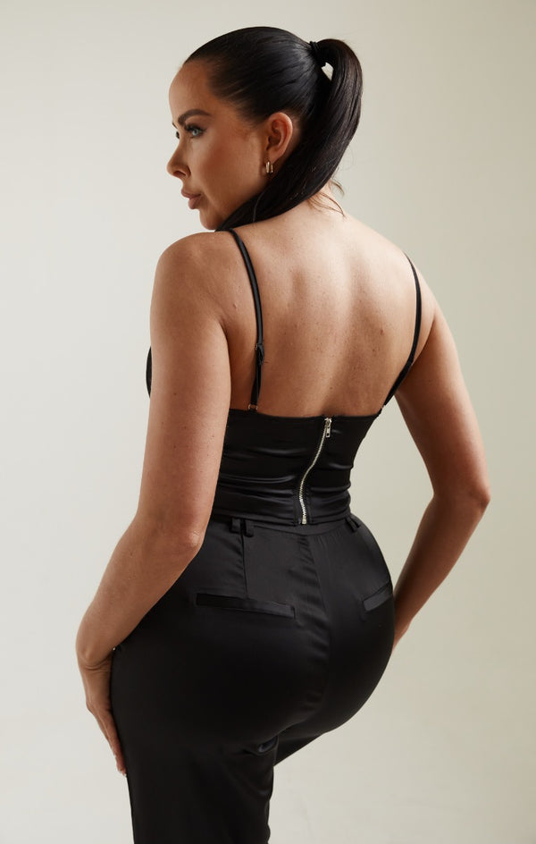 Femme Luxe Black Satin Chain Detail Corset Top - Shay