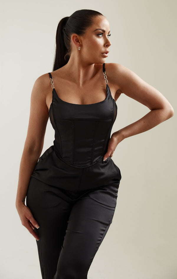 femme luxe Black Satin Chain Detail Corset Top - Shay