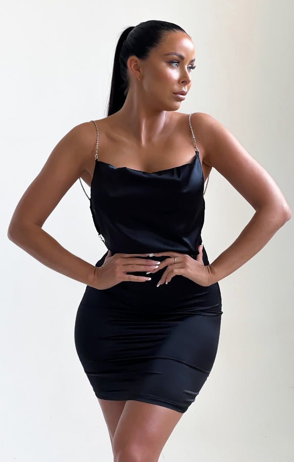 Femme Luxe Black Satin Cross Over Back Diamante Mini Dress - Eva