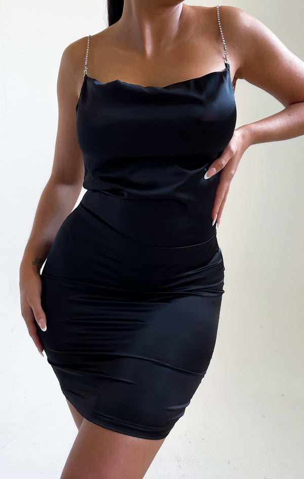 Femme Luxe Black Satin Cross Over Back Diamante Mini Dress - Eva