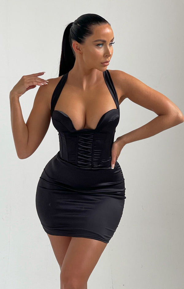 femme luxe Black Satin Cup Detail Corset Mini Dress - Seville