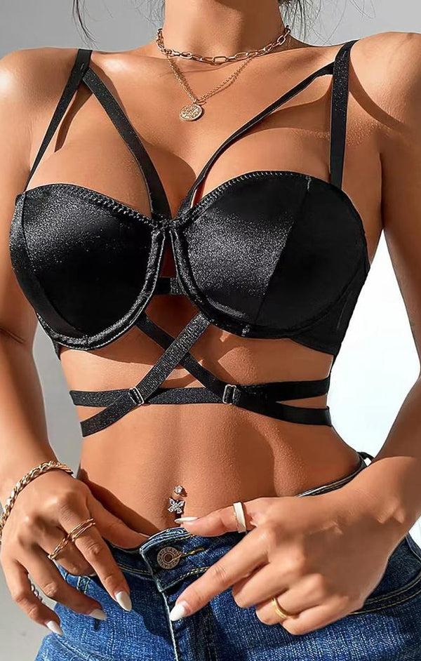 Femme Luxe Black Satin Cup Detail Strappy Cross Over Bralette Top - Mavise