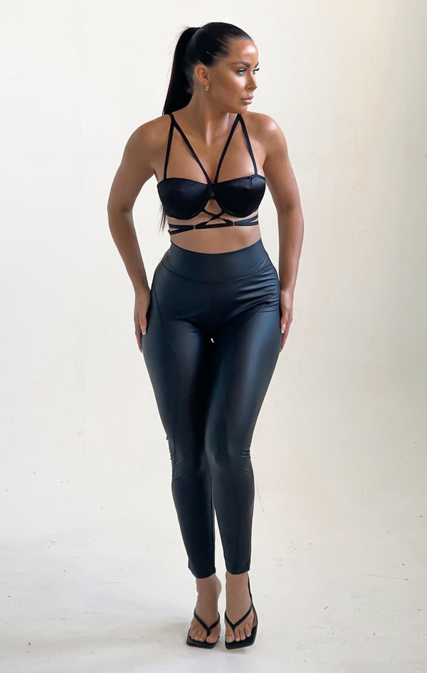 Femme Luxe Black Satin Cup Detail Strappy Cross Over Bralette Top - Mavise